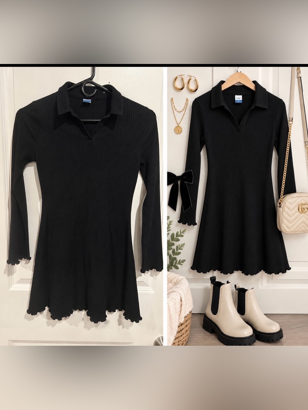 Old Navy Black Ribbed Long-Sleeve Polo Scalloped Edge Sweater Dress Girls sz L